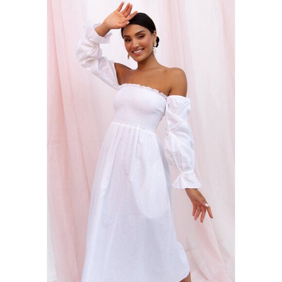 PETAL & UP Domenica Shirred Long Sleeve Midi Dress Size S White NWOT Linen Blend - Picture 2 of 10